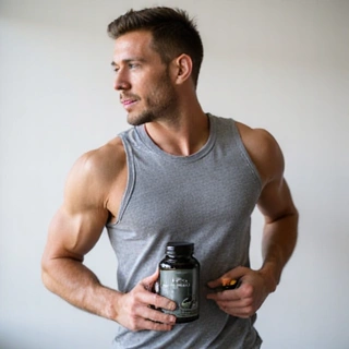 Active man demonstrating energy and stamina with natural supplement product