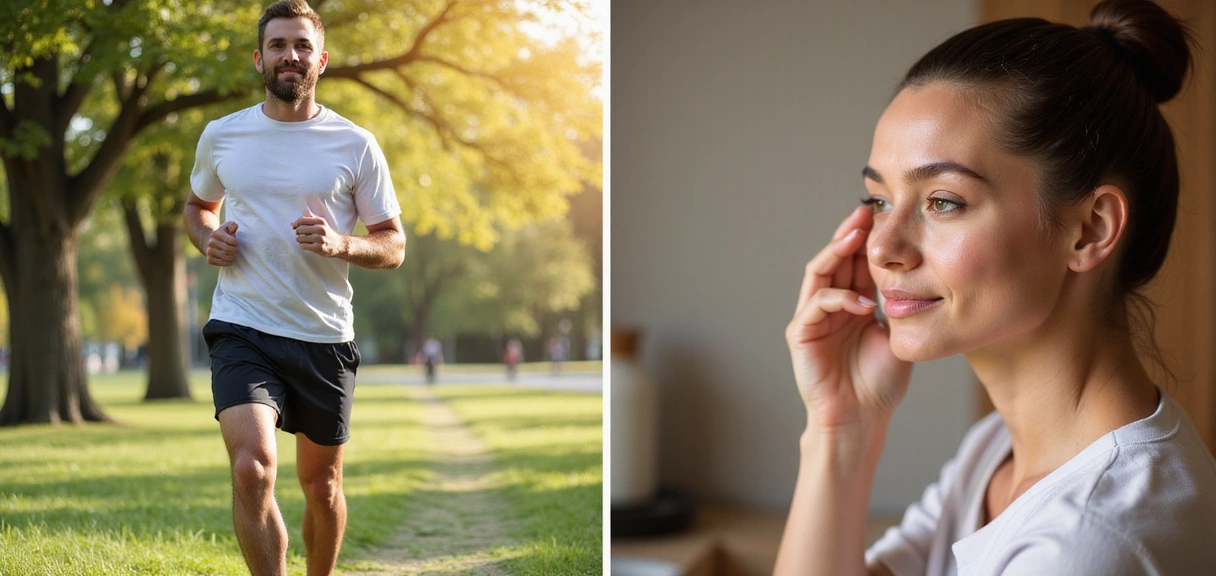 Diverse models in natural wellness settings demonstrating healthy lifestyle and skincare routines